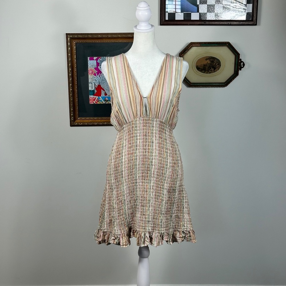 O'Neill Multi Color V Neck Striped Dress w/ Ruched Bodice - SIZE L Ruffle Beach